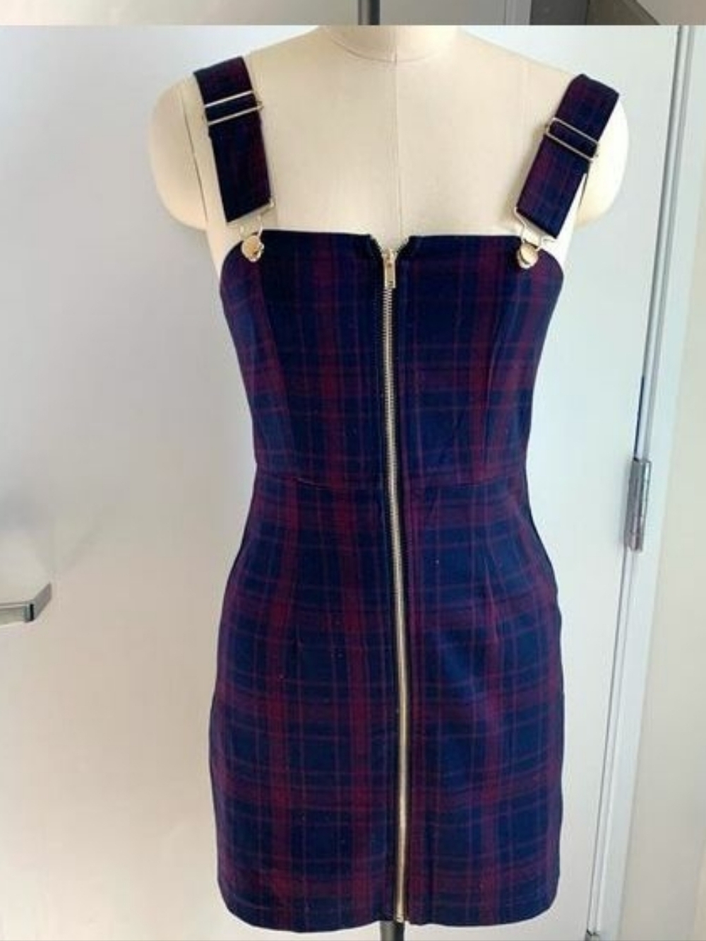 Forever 21 Navy and Burgundy Plaid Zip-Front Suspender Mini Dress